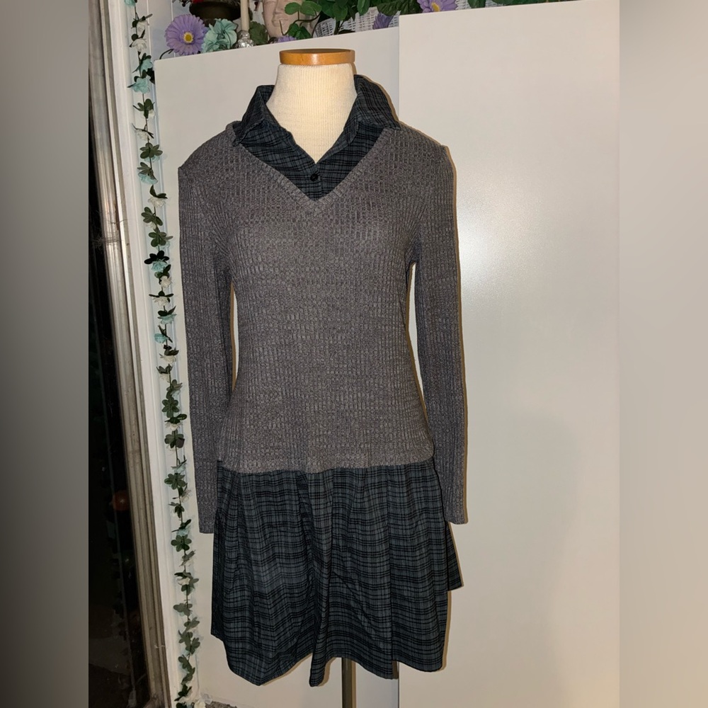 Gray V-Neck Women's school girl Sweater dress XL